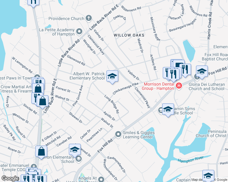 map of restaurants, bars, coffee shops, grocery stores, and more near 155 Chickamauga Pike in Hampton