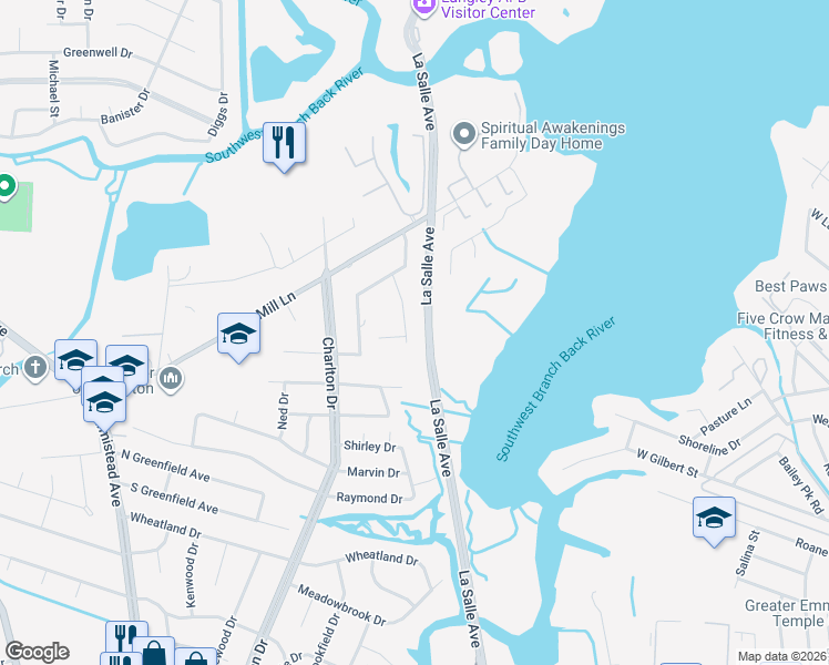 map of restaurants, bars, coffee shops, grocery stores, and more near 10 Bohnert Drive in Hampton