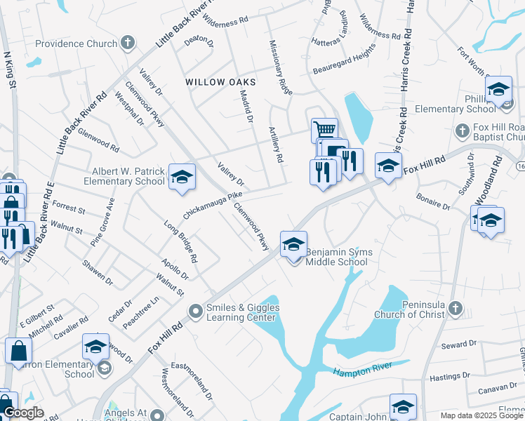 map of restaurants, bars, coffee shops, grocery stores, and more near 263 Clemwood Parkway in Hampton