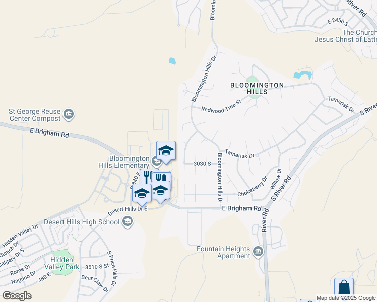 map of restaurants, bars, coffee shops, grocery stores, and more near 2987 Beech St in St George