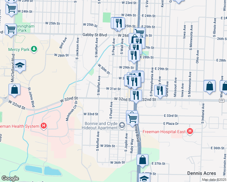 map of restaurants, bars, coffee shops, grocery stores, and more near 3105 South Pearl Avenue in Joplin