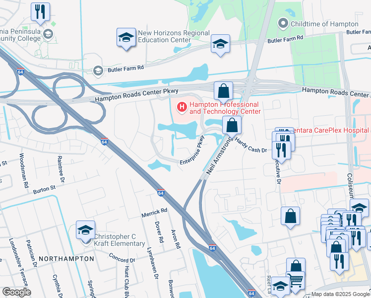 map of restaurants, bars, coffee shops, grocery stores, and more near 22 Enterprise Parkway in Hampton