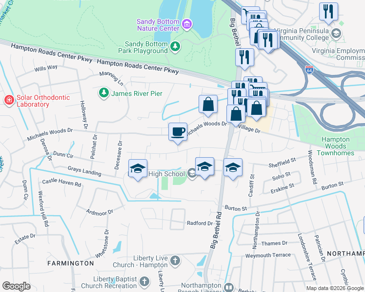 map of restaurants, bars, coffee shops, grocery stores, and more near 53 Brogden Lane in Hampton