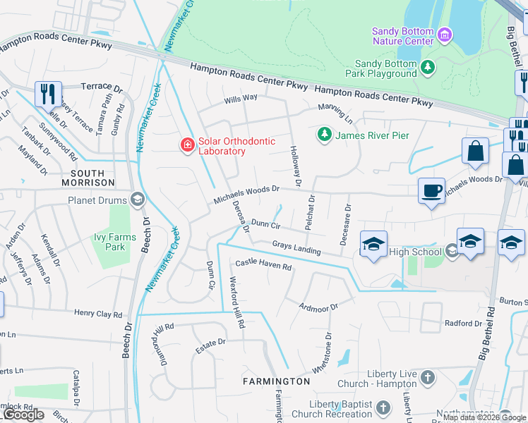 map of restaurants, bars, coffee shops, grocery stores, and more near 1 Eisele Court in Hampton