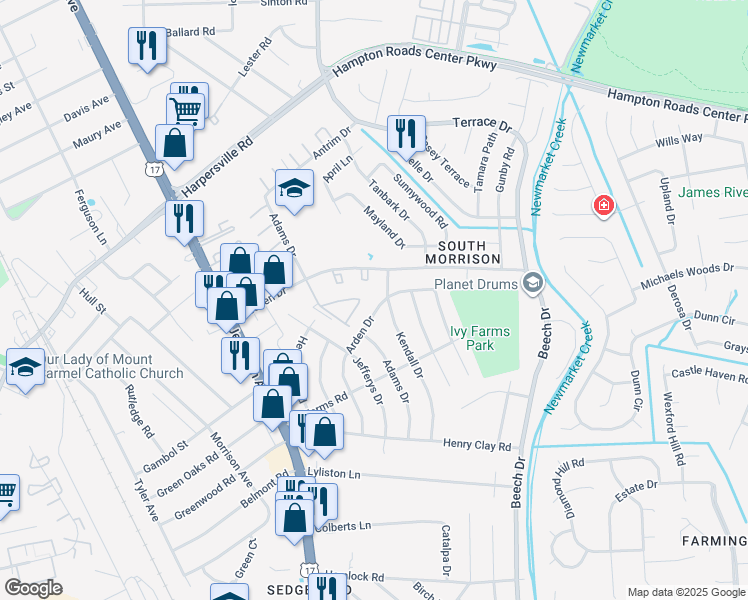 map of restaurants, bars, coffee shops, grocery stores, and more near 73 Arden Drive in Newport News