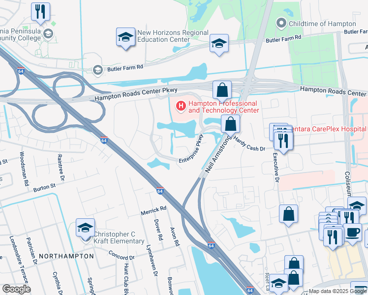 map of restaurants, bars, coffee shops, grocery stores, and more near 22 Enterprise Parkway in Hampton