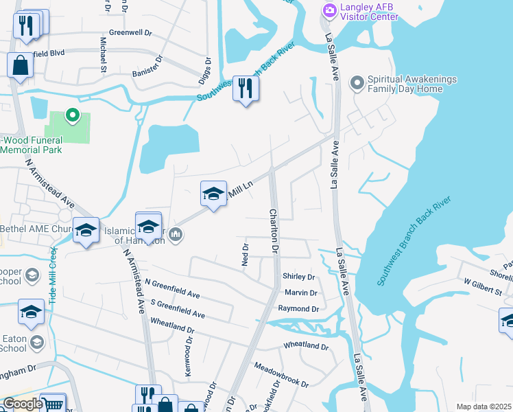 map of restaurants, bars, coffee shops, grocery stores, and more near 9 Ruby Court in Hampton