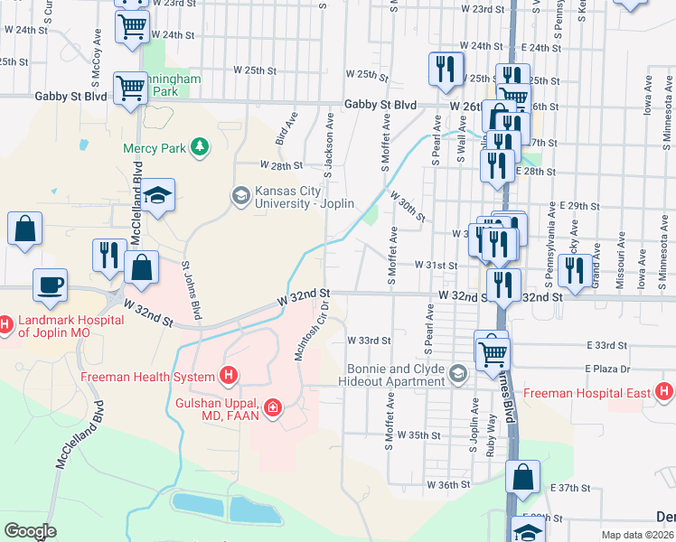 map of restaurants, bars, coffee shops, grocery stores, and more near 708 West 31st Terrace in Joplin