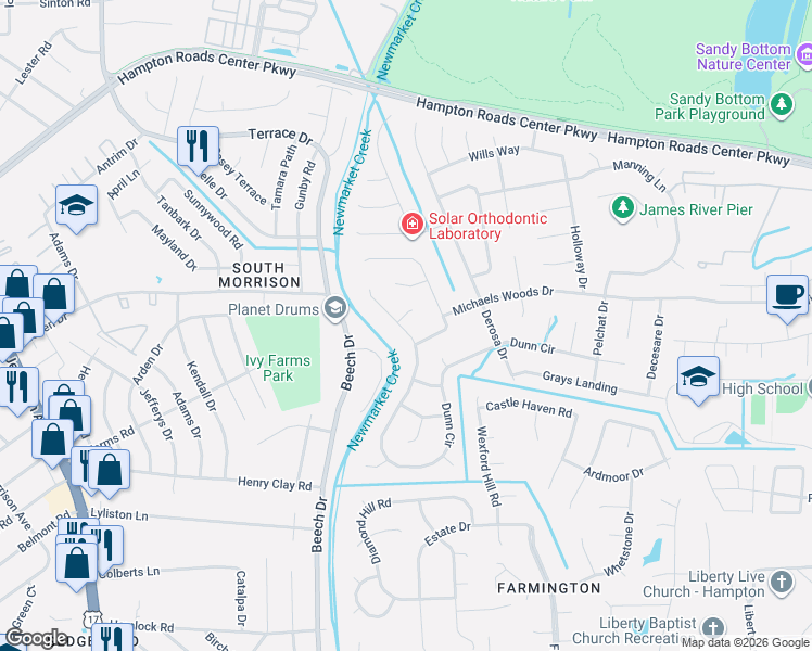 map of restaurants, bars, coffee shops, grocery stores, and more near 2 Kaleigh Court in Hampton