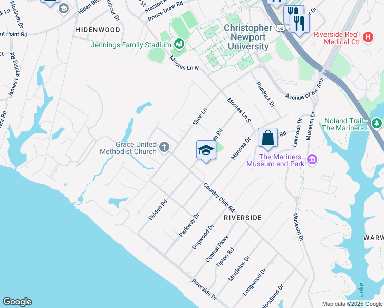 map of restaurants, bars, coffee shops, grocery stores, and more near 1116 Country Club Road in Newport News