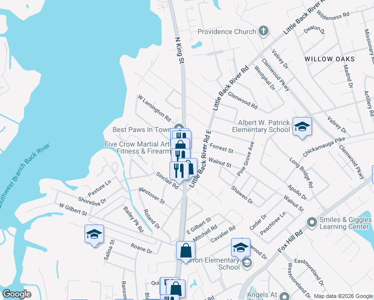 map of restaurants, bars, coffee shops, grocery stores, and more near 1 East Preston Street in Hampton
