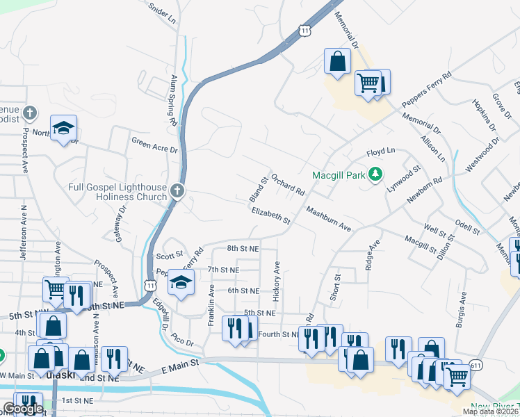 map of restaurants, bars, coffee shops, grocery stores, and more near 713 Elizabeth Street in Pulaski