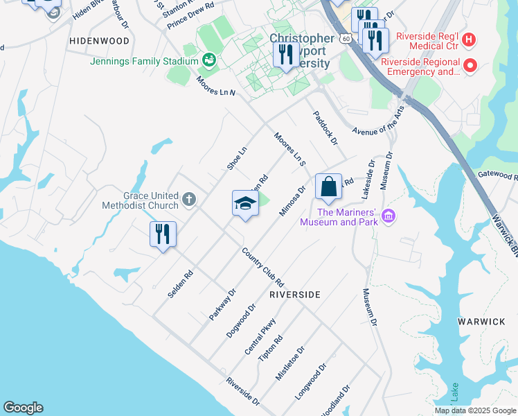 map of restaurants, bars, coffee shops, grocery stores, and more near 1100 Country Club Road in Newport News