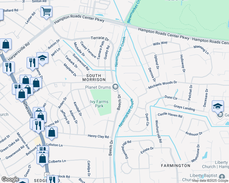 map of restaurants, bars, coffee shops, grocery stores, and more near 609 Beech Drive in Newport News