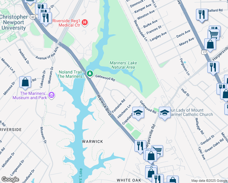 map of restaurants, bars, coffee shops, grocery stores, and more near 15 Commodore Drive East in Newport News