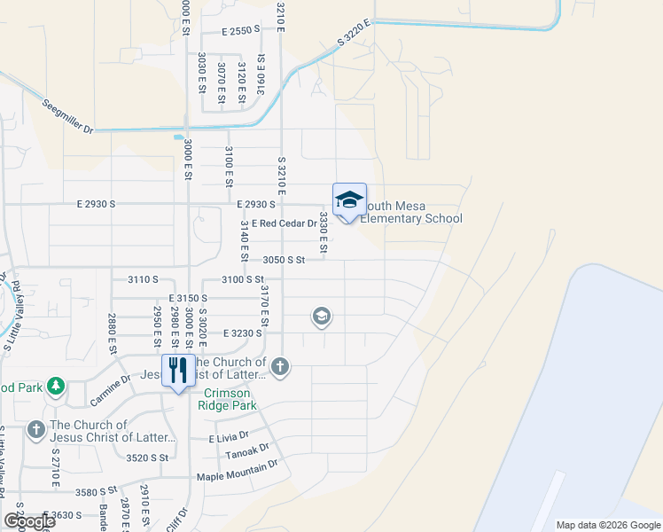 map of restaurants, bars, coffee shops, grocery stores, and more near 3318 East 3050 South Street in Washington