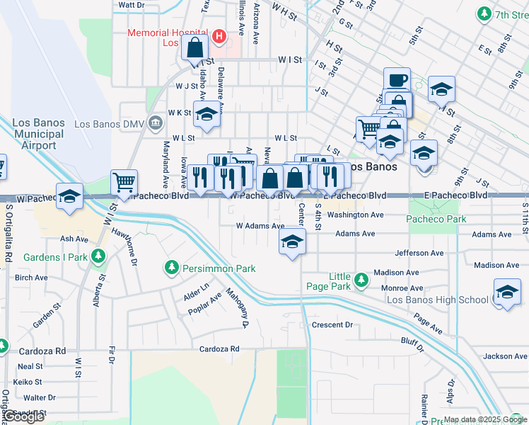 map of restaurants, bars, coffee shops, grocery stores, and more near 1317 S Nevada Ave in Los Banos