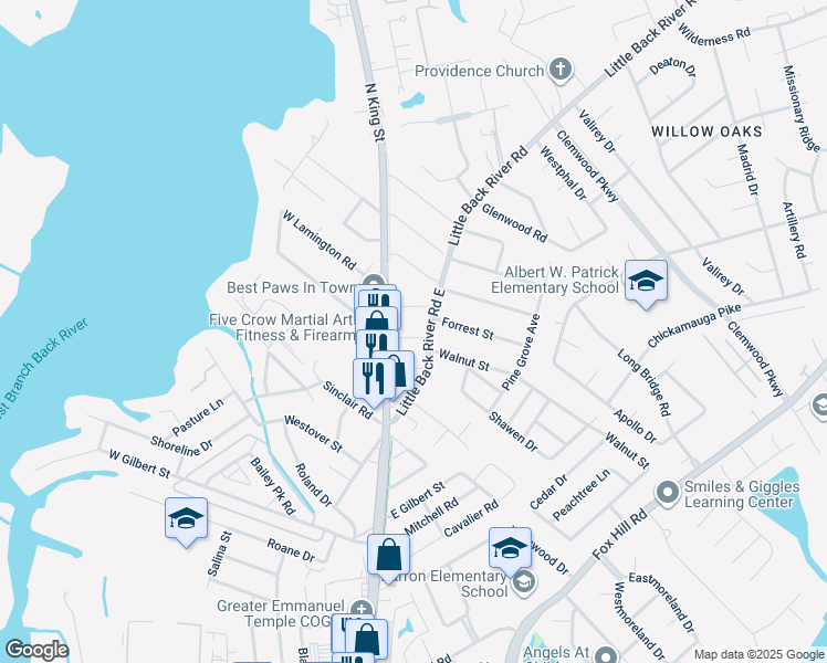 map of restaurants, bars, coffee shops, grocery stores, and more near 11 East Preston Street in Hampton