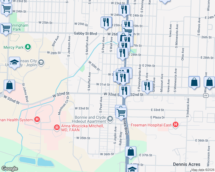map of restaurants, bars, coffee shops, grocery stores, and more near 3105 S Pearl Ave in Joplin