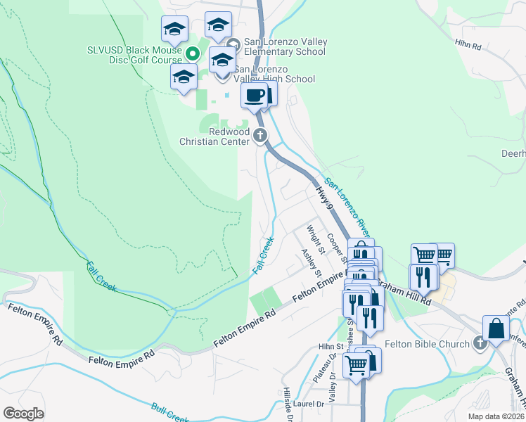map of restaurants, bars, coffee shops, grocery stores, and more near 370 Fall Creek Drive in Felton