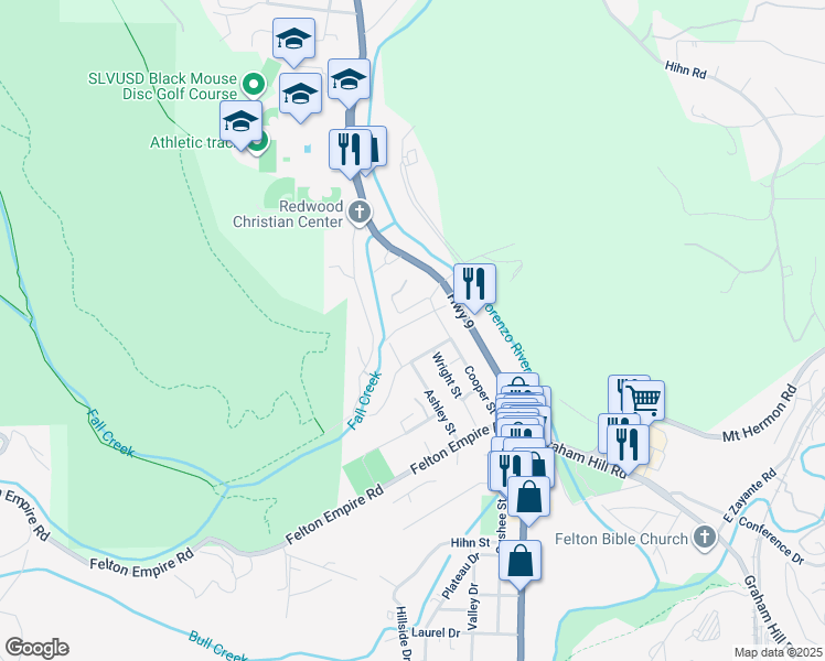 map of restaurants, bars, coffee shops, grocery stores, and more near 6617 Cooper Street in Felton