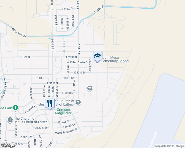 map of restaurants, bars, coffee shops, grocery stores, and more near 3318 East 3050 South Street in Washington