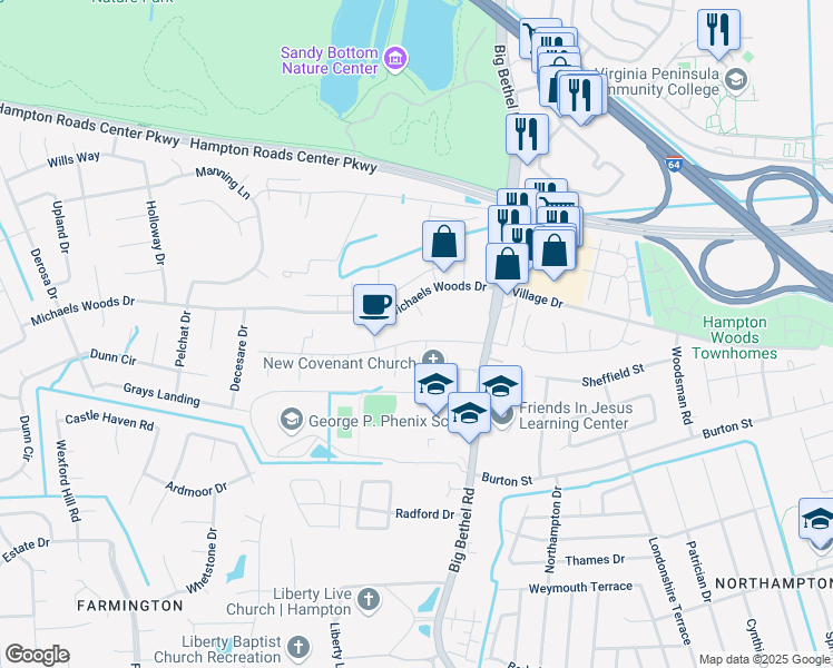 map of restaurants, bars, coffee shops, grocery stores, and more near 35 Brogden Lane in Hampton