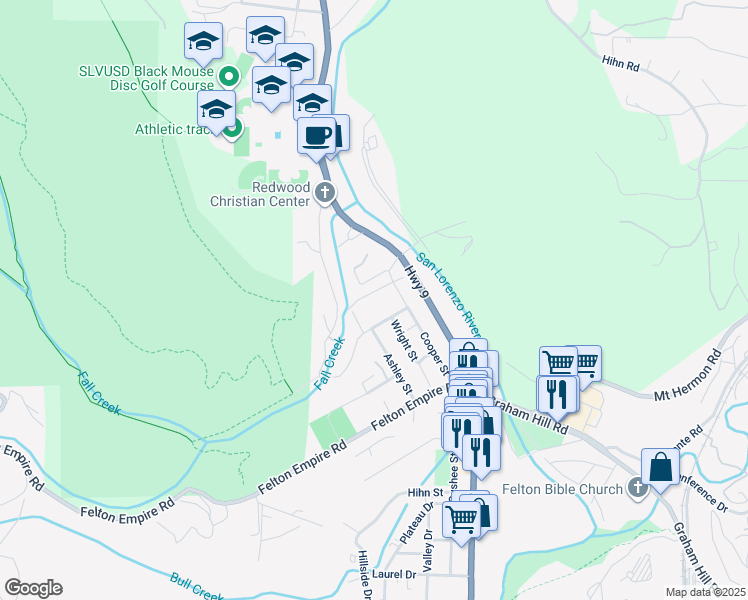 map of restaurants, bars, coffee shops, grocery stores, and more near 6617 Cooper Street in Felton