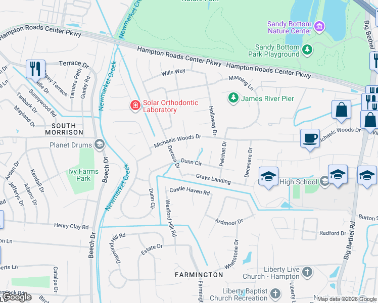 map of restaurants, bars, coffee shops, grocery stores, and more near 1 Eisele Court in Hampton