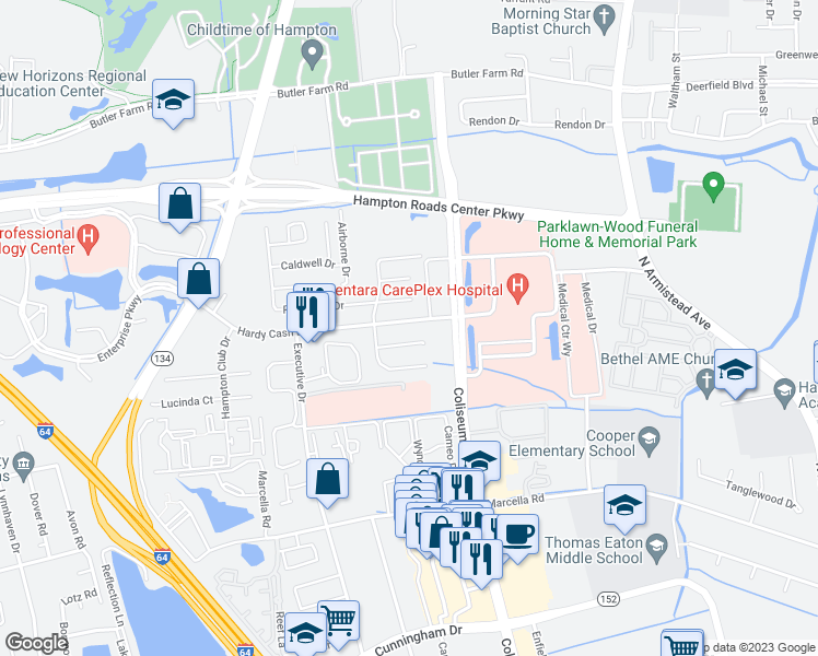 map of restaurants, bars, coffee shops, grocery stores, and more near 1307 Hardy Cash Drive in Hampton