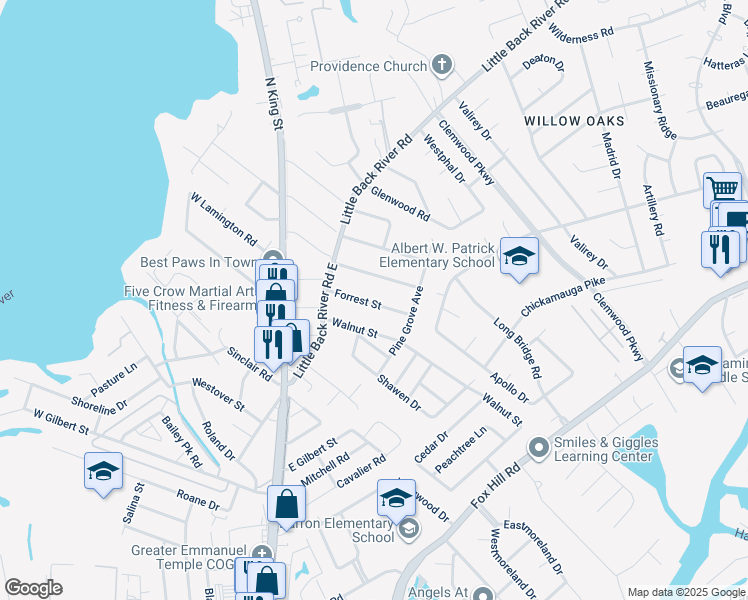 map of restaurants, bars, coffee shops, grocery stores, and more near 211 Forrest Street in Hampton