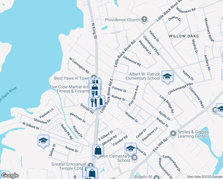 map of restaurants, bars, coffee shops, grocery stores, and more near 102 Forrest Street in Hampton