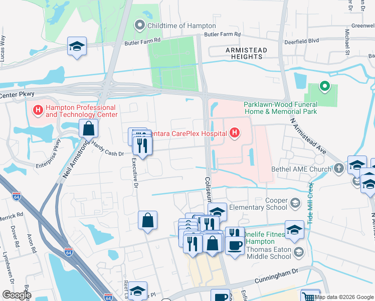 map of restaurants, bars, coffee shops, grocery stores, and more near 1300 Vanasse Court in Hampton