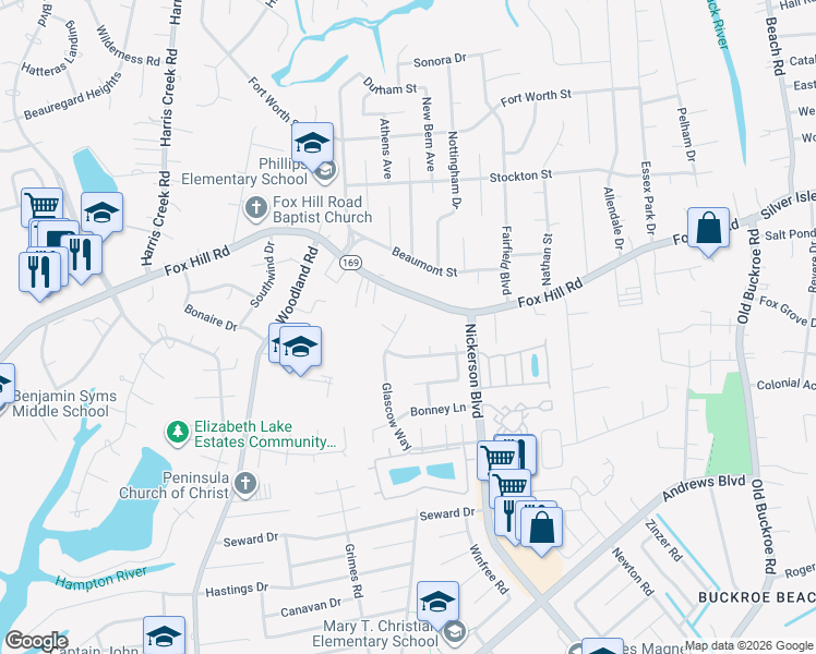 map of restaurants, bars, coffee shops, grocery stores, and more near 128 Glascow Way in Hampton