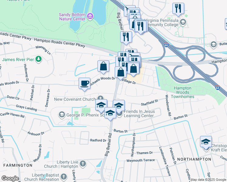 map of restaurants, bars, coffee shops, grocery stores, and more near 1100 Big Bethel Road in Hampton