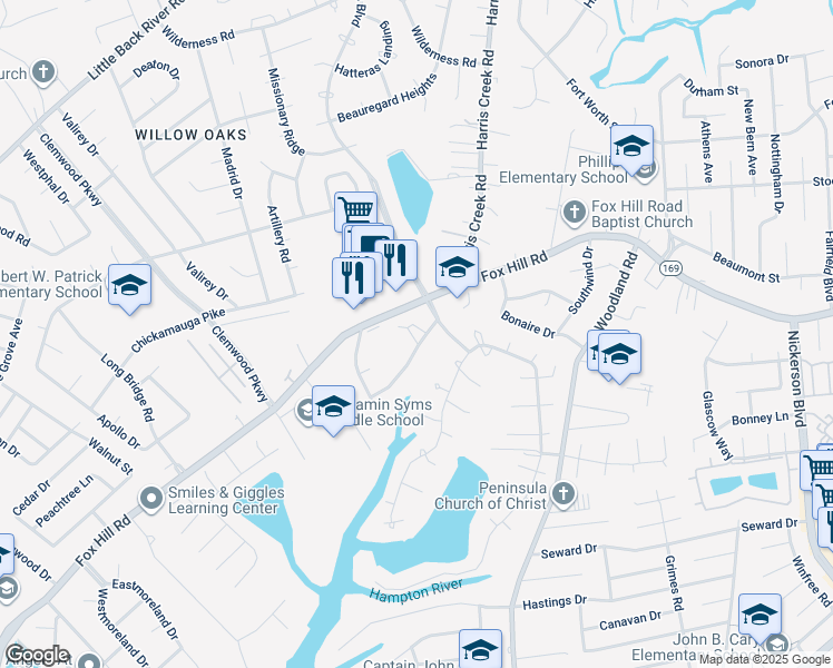 map of restaurants, bars, coffee shops, grocery stores, and more near 321 Burgh Westra Drive in Hampton