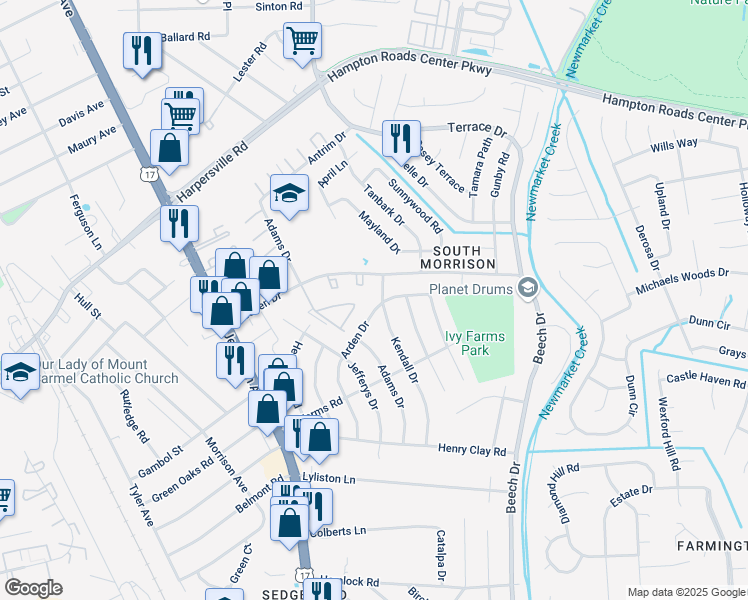 map of restaurants, bars, coffee shops, grocery stores, and more near 73 Arden Drive in Newport News