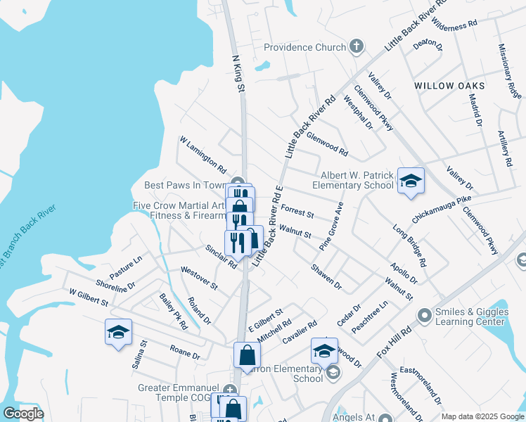 map of restaurants, bars, coffee shops, grocery stores, and more near 11 East Preston Street in Hampton