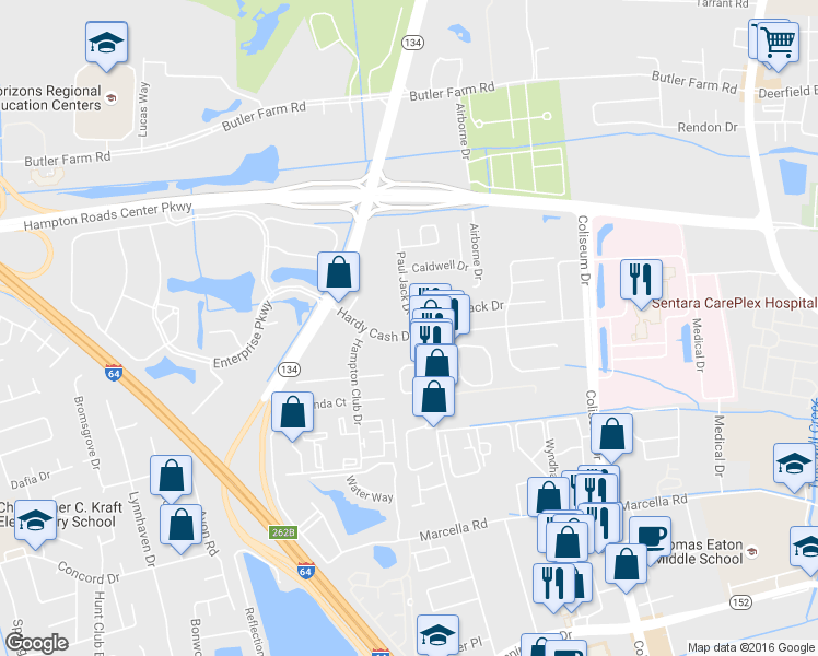 map of restaurants, bars, coffee shops, grocery stores, and more near 1504 Hardy Cash Dr in Hampton