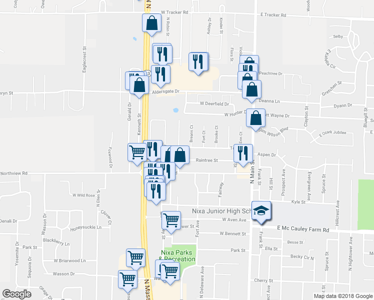 map of restaurants, bars, coffee shops, grocery stores, and more near 308 Tonya Street in Nixa