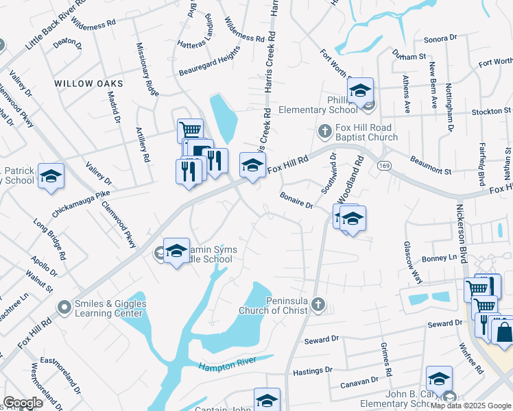 map of restaurants, bars, coffee shops, grocery stores, and more near 468 Elizabeth Lake Drive in Hampton