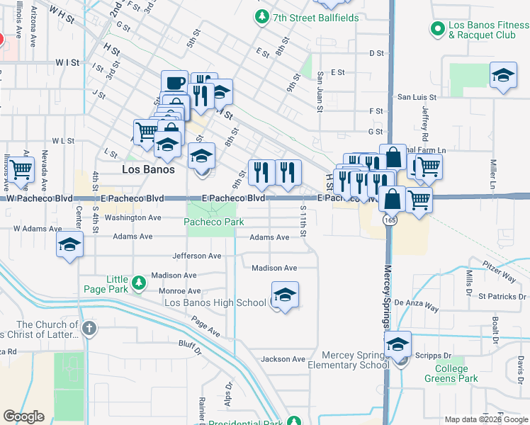 map of restaurants, bars, coffee shops, grocery stores, and more near 1321 South 10th Street in Los Banos