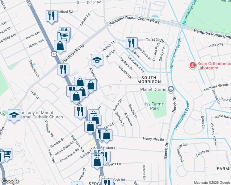 map of restaurants, bars, coffee shops, grocery stores, and more near 565 Adams Drive in Newport News