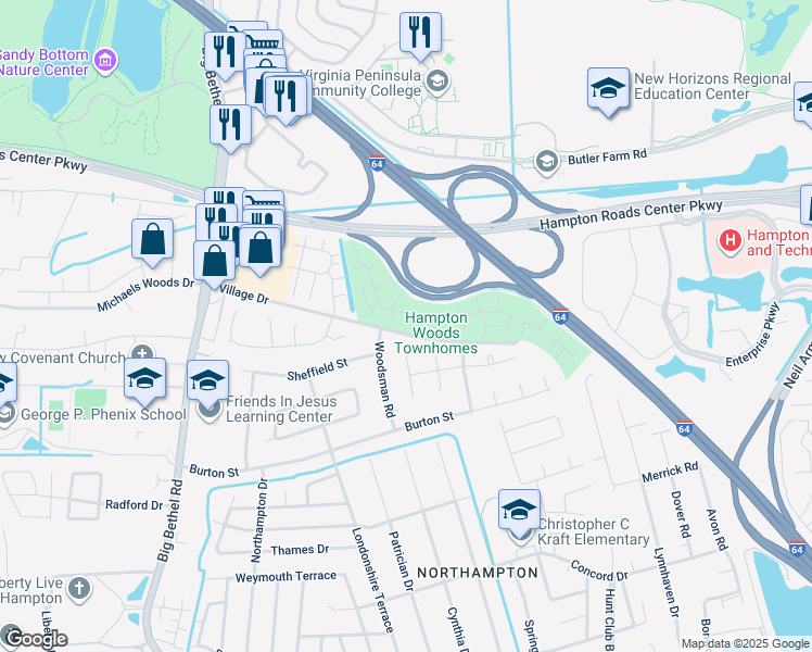 map of restaurants, bars, coffee shops, grocery stores, and more near 12 Tall Tree Pl in Hampton