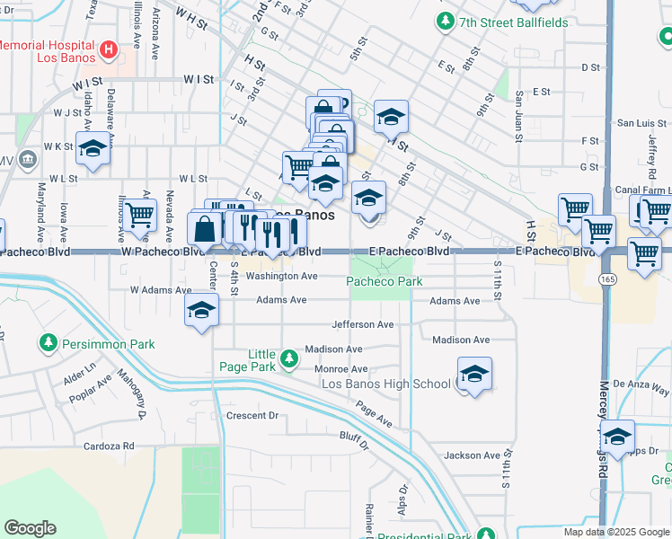 map of restaurants, bars, coffee shops, grocery stores, and more near 640 Washington Avenue in Los Banos