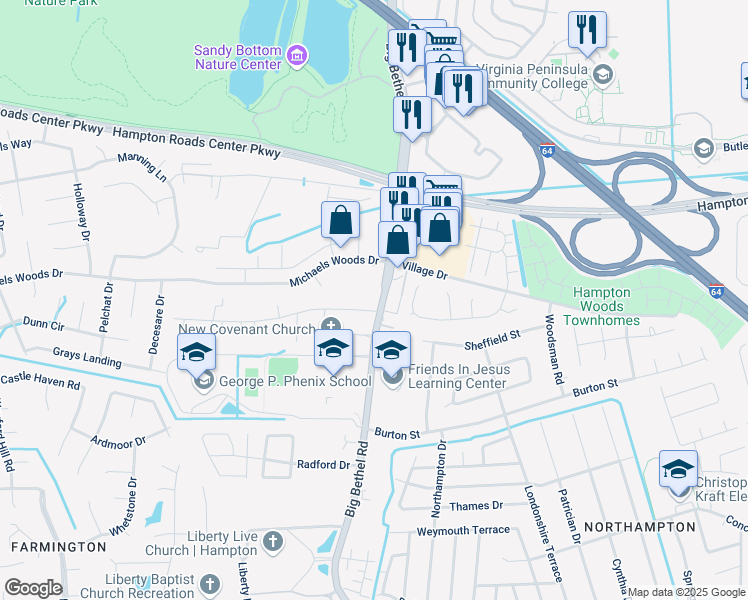 map of restaurants, bars, coffee shops, grocery stores, and more near 1100 Big Bethel Road in Hampton