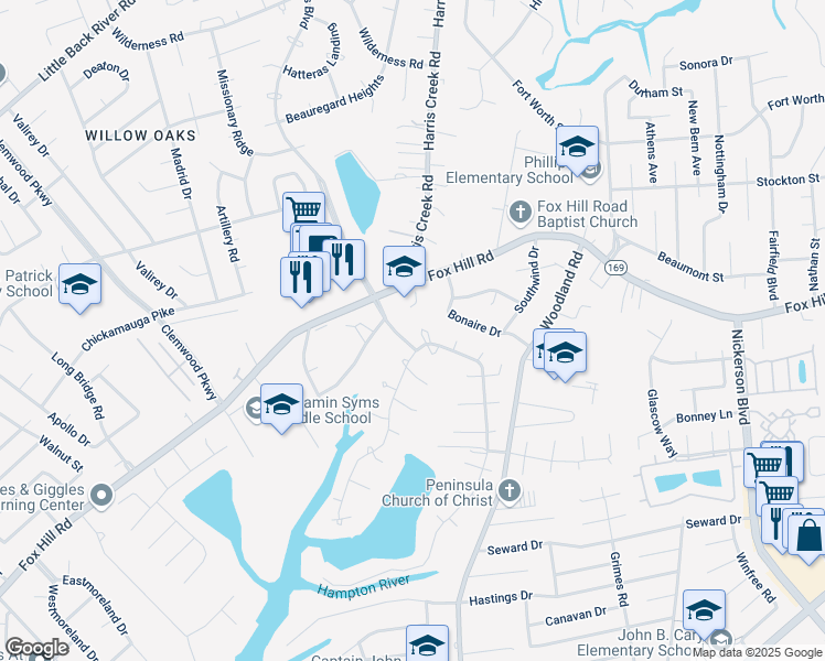 map of restaurants, bars, coffee shops, grocery stores, and more near 468 Elizabeth Lake Drive in Hampton