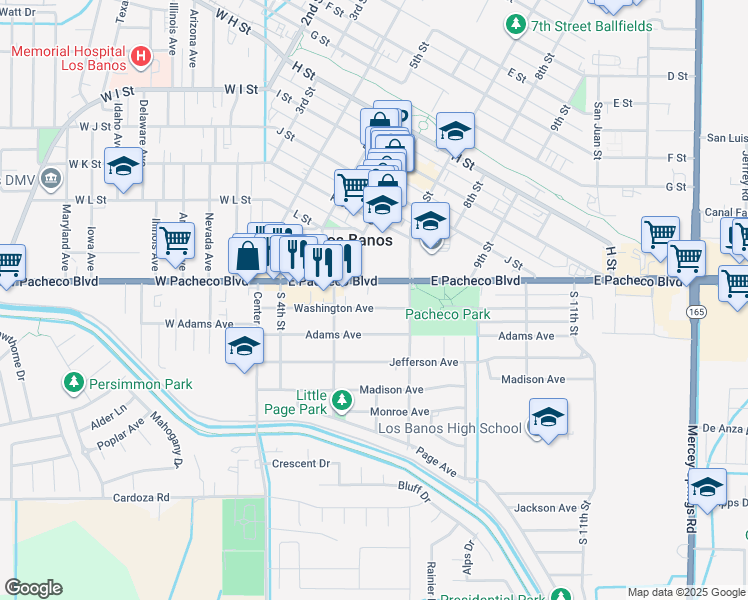 map of restaurants, bars, coffee shops, grocery stores, and more near 640 Washington Avenue in Los Banos