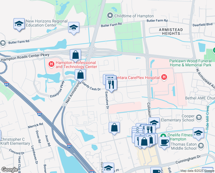 map of restaurants, bars, coffee shops, grocery stores, and more near 2300 Executive Drive in Hampton