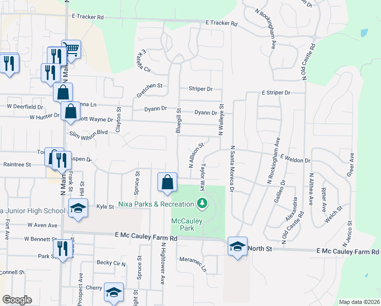 map of restaurants, bars, coffee shops, grocery stores, and more near 776 East Weller Court in Nixa